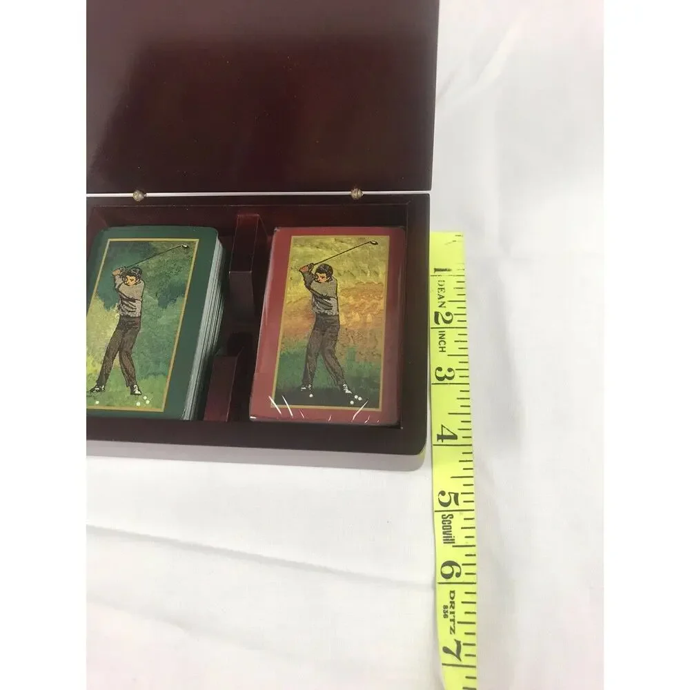 1990's Wooden Golf Playing Card Box With Golf Motif Face And 2 Decks Of Golf ...